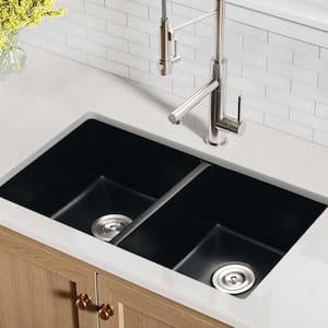 33 in. Undermount Double Bowl Black Quartz Kitchen Sink