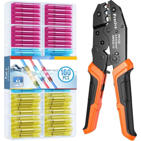 1.46 in. Ratcheting Wire Crimper Tool Kit with (160 PCS) Heat Shrink Butt Connector for Heat Shrink Connector in Orange
