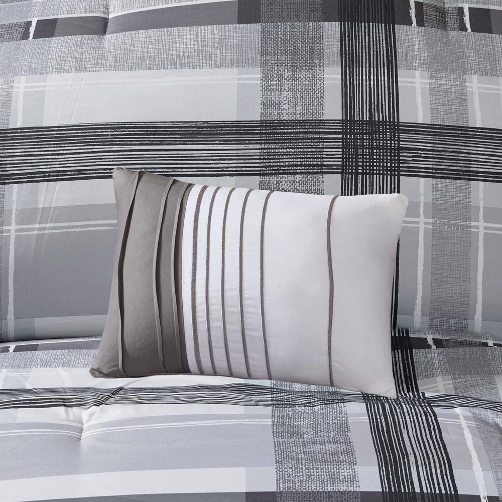 Full Gray Microfiber Reversible Plaid Comforter Set