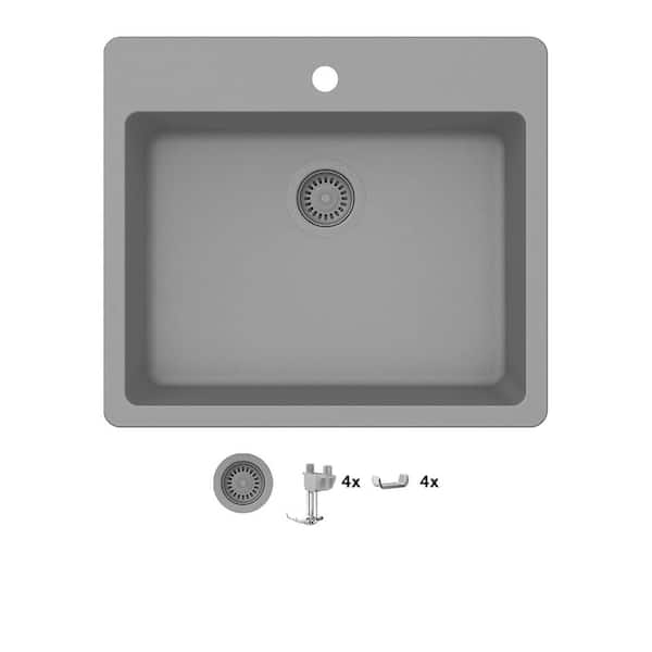 Glacier Bay Stonehaven 25 in. Drop-In Single Bowl Gray Ice Granite Composite Kitchen Sink with Gray Strainer