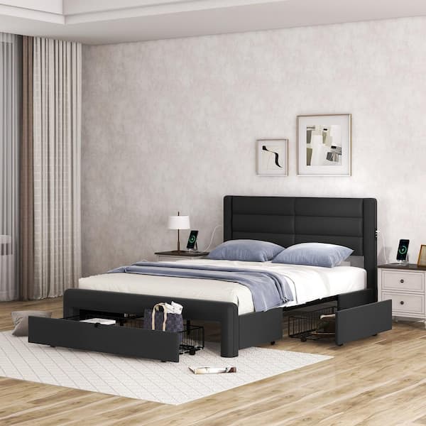 Harper & Bright Designs Black Wood Frame Queen Size PU Leather Upholstered Platform Bed with 3-Metal Drawer, USB Charging Station