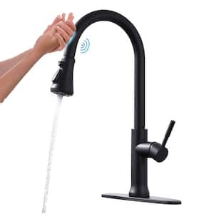 Single Handle Touch On Pull Down Sprayer Kitchen Faucet with Deckplate Included and Handles in Matte Black