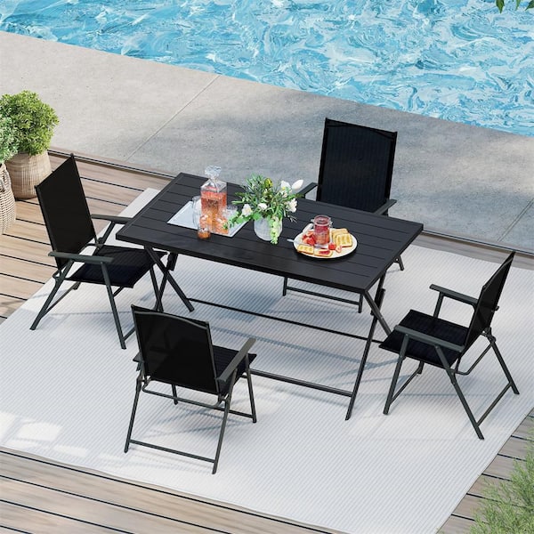 48 in. x 30 in. Foldable Outdoor Dining Table with Slatted Tabletop for Kitchen Garden Black