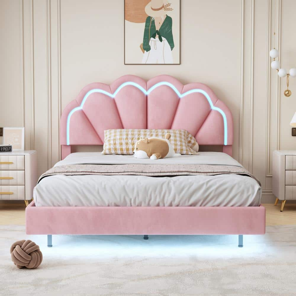 Pink Wood Frame Velvet Full Platform Bed with Elegant LED Flowers ...