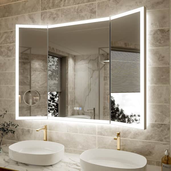 48 in. W x 36 in. H Rectangular Framed Tri-Fold Backlit Front Light LED Wall Bathroom Vanity Mirror, Defog 10x Magnifier