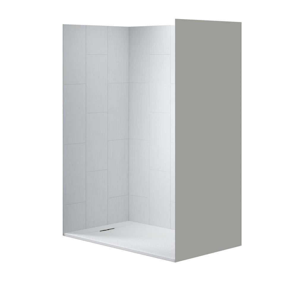 60'' White Solid Surface Alcove Shower Kit with Brushed Nickel Trim
