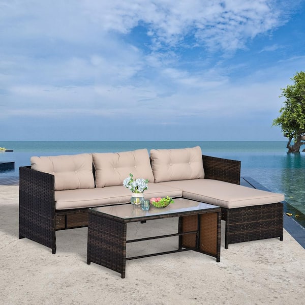 BOPOREA MEGO LLC 3-Piece Rattan Patio Conversation Set with Chaise Lounge, Glass-Top Table, L-Shaped Sectional with Beige Cushions