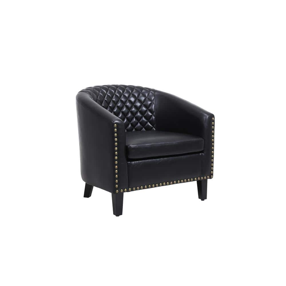 Black PU Leather Accent Barrel Chair With Nailheads And Solid Wood Legs ...