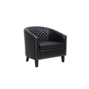 Black PU Leather Accent Barrel Chair With Nailheads And Solid Wood Legs
