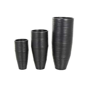 Black Ribbed Tall Floor Metal Decorative Vase with Horizontal Grooves (Set of 3)