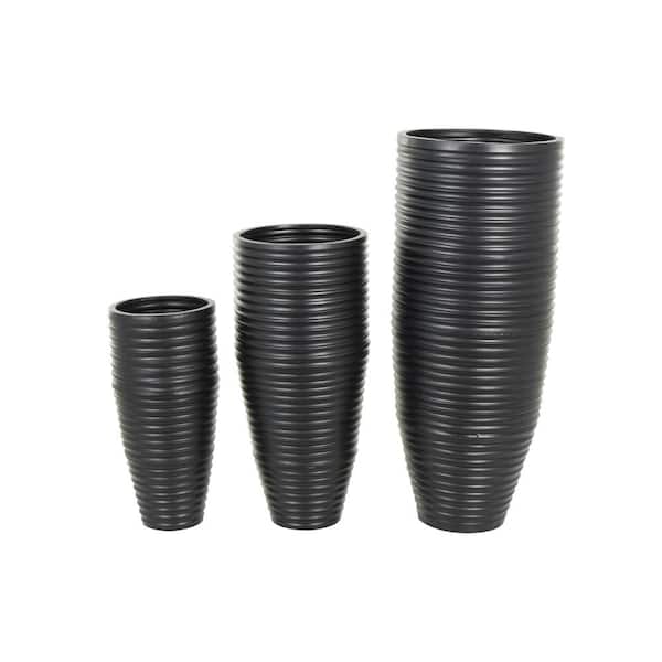 Litton Lane Black Ribbed Tall Floor Metal Decorative Vase with Horizontal Grooves (Set of 3)