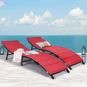 Brown Rattan PE Rattan Outdoor Lounge Chair with Red or Beige Reversible Cushion