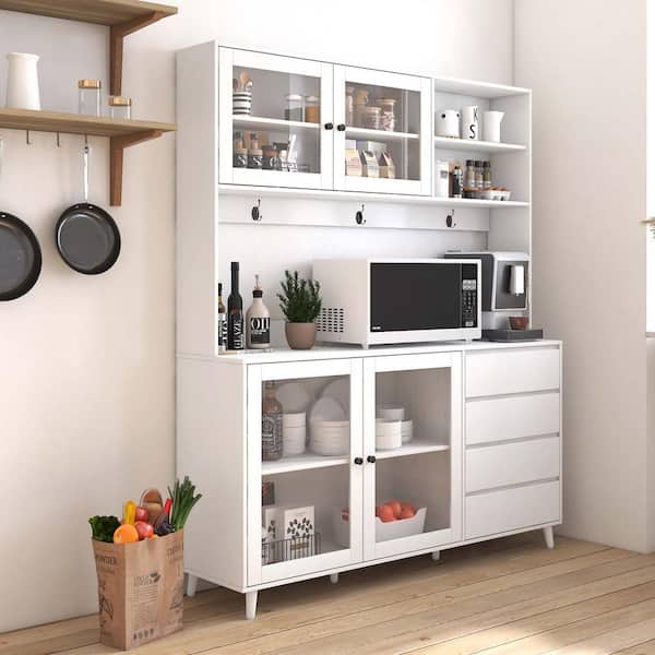 Unbranded 63" Large Kitchen Pantry Cabinets, Freestanding Hutch Kitchen Cupboard with 4 Doors, 4 Drawers & Microwave Shelf, White