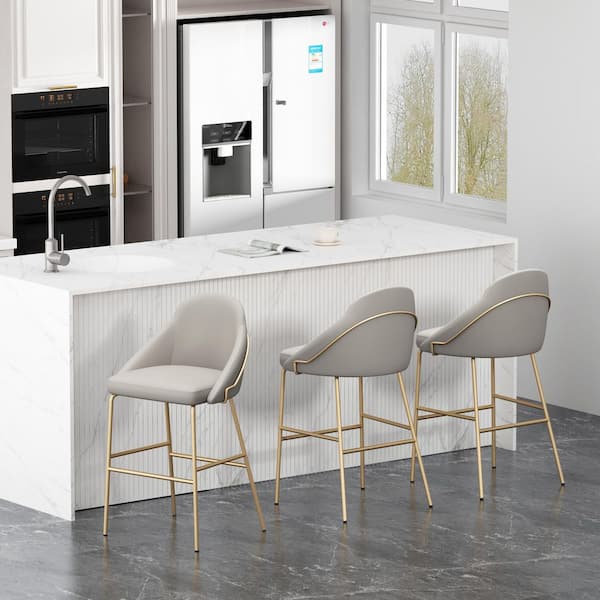 Gracie 29.1 in. Modern Stone and Gold Metal Frame Bar Stool with Faux Leather Upholstered Seat (Set of 3)