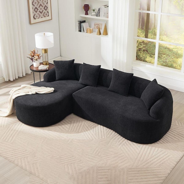 99 in. Chenille L-Shape Full Compression Sponge Sectional Sofa with Curved Chaise in. Black