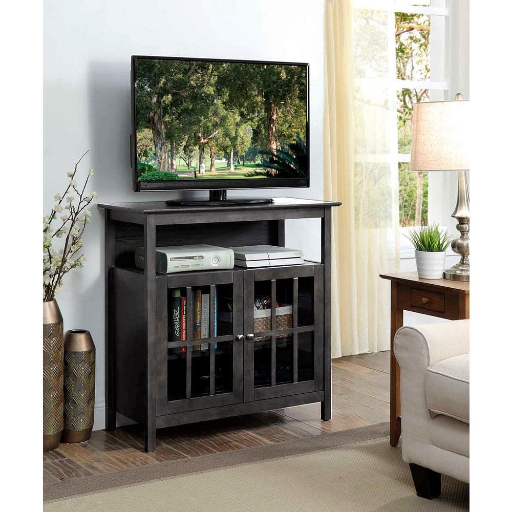 Weathered Gray Solid Wood Highboy TV Stand with Cabinet