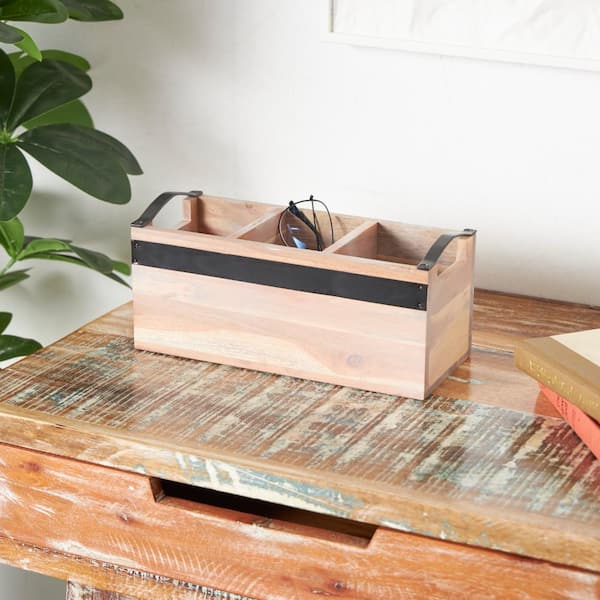 Litton Lane Beige Mango Wood 3 Section Decorative Tray with Black Metal Handles