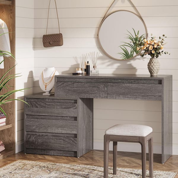 BYBLIGHT 1-Piece Grey Makeup Vanity Table with 5 Drawers, Dressing Table,  Vanity Desk for Bedroom BB-ZHY-021VT