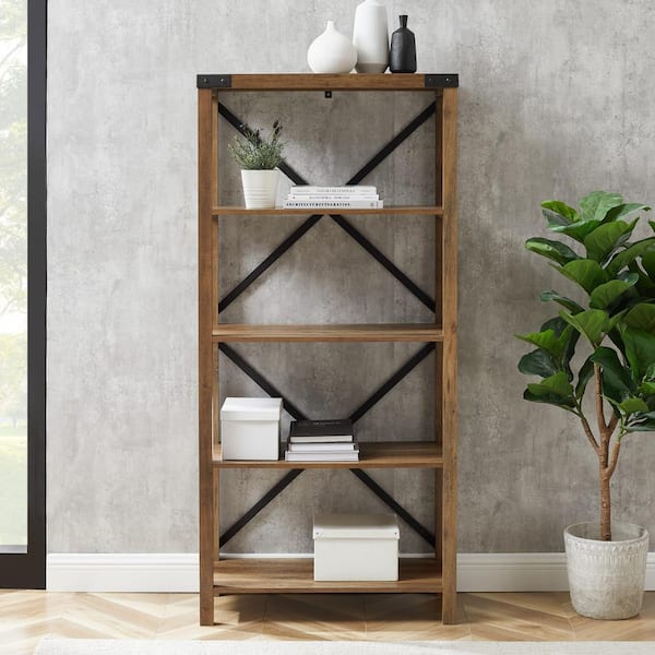 64 in. Rustic Oak Wood 4-shelf Etagere Bookcase with Open Back