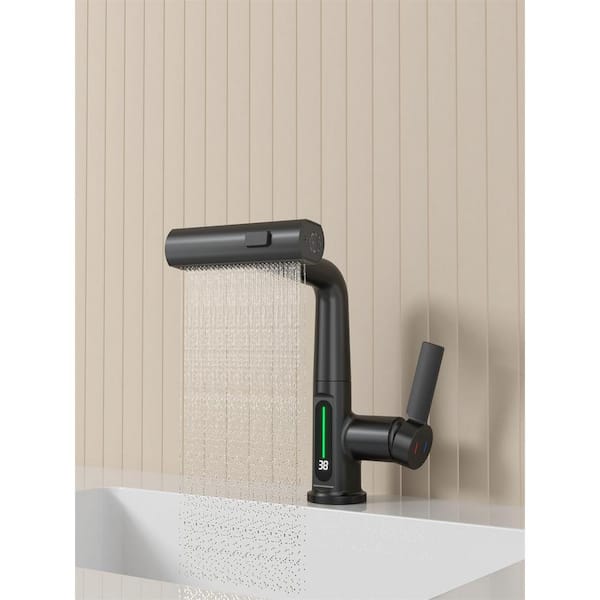 Unbranded Single Handle Pull Out LED Digital Display Kitchen Faucet Stainless Steel with Deckplate Bathroom Basin Faucet in Black