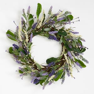 20 in. Artificial Lavender Wreath with Leaves On Twig Base