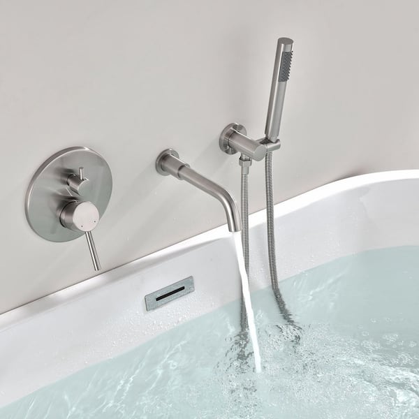 Double-Handle Wall Mounted 1.8 GPM Roman Tub Faucet 360° Rotating Faucet with Hand Shower in Brushed Nickel