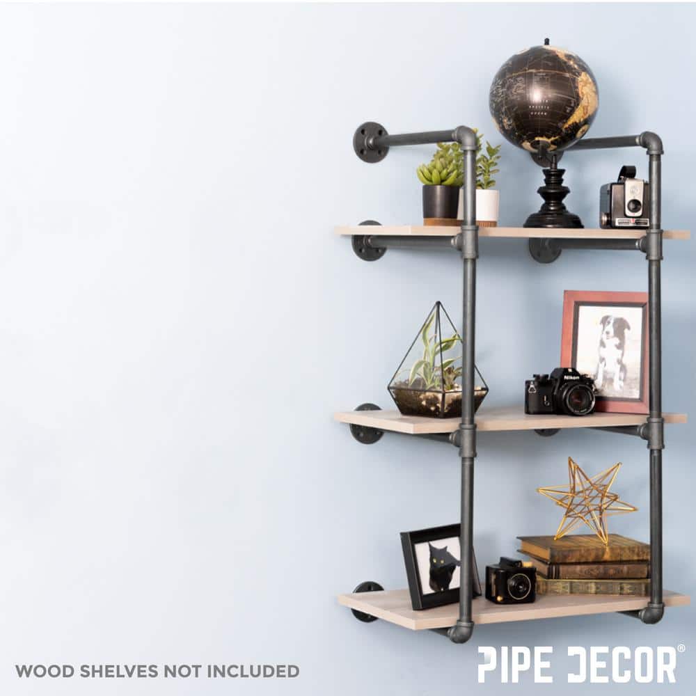 Industrial Black Steel and Wood 3-Tier Wall Mounted Shelf