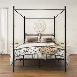84 in. W Black Metal Frame Queen Canopy Bed Frame with Ornate European Style Headboard and Footboard