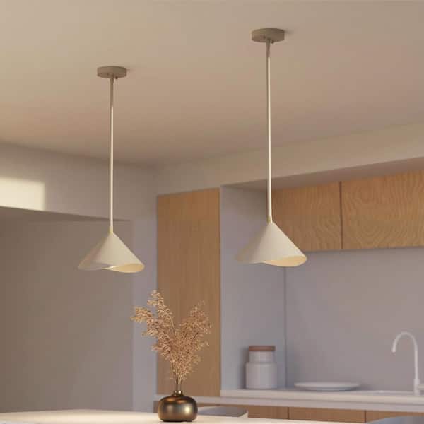 1-Light Matte Greige Pendant Light with Brass Accents
