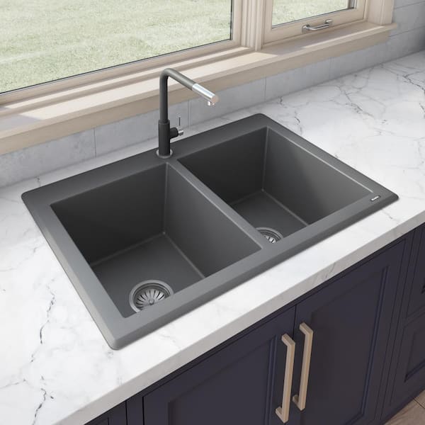 Ruvati 33 in. Urban Gray Double Bowl Dual-Mount Granite Composite Kitchen Sink