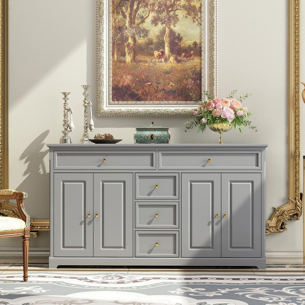 Gray Wood Buffet with 5 Drawers, 4 Cabinet Doors, Interior Shelves and Gold-Tone Knobs For Living Room and Bedroom Use