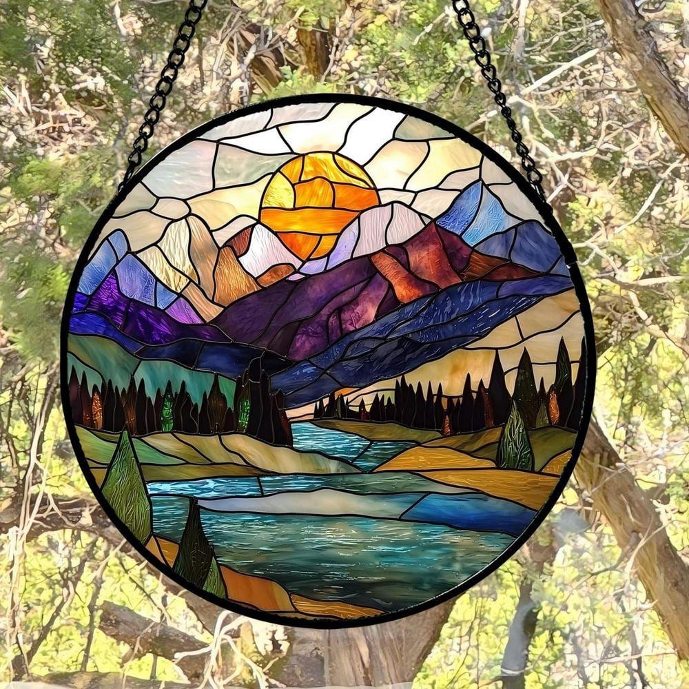 ステンドグラス No.2 Blue Lake Golden Sun Abstract Mountains Landscape Stained Glass