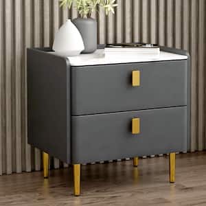 Luxury PU Leather Nightstand Bedside Table with 2 Drawers and Golden Metal Leg, Dark Gray