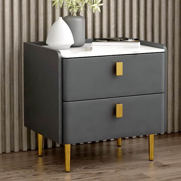 Magic Home Luxury PU Leather Nightstand Bedside Table with 2 Drawers and Golden Metal Leg, Dark Gray
