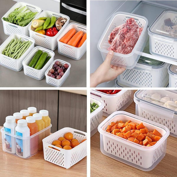 Etokfoks 3 Pack Airtight BPA Free Plastic Food Storage Container Set with Lids Strainer for Produce Meat Vegetable Fruit