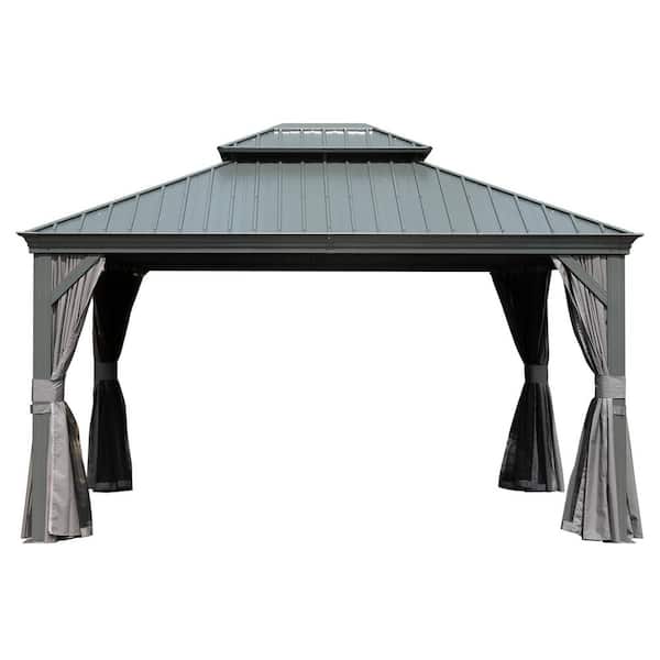 10 ft. x 14 ft. Outdoor Gray Aluminum Frame Galvanized Steel Hardtop Gazebo with Curtains and Netting