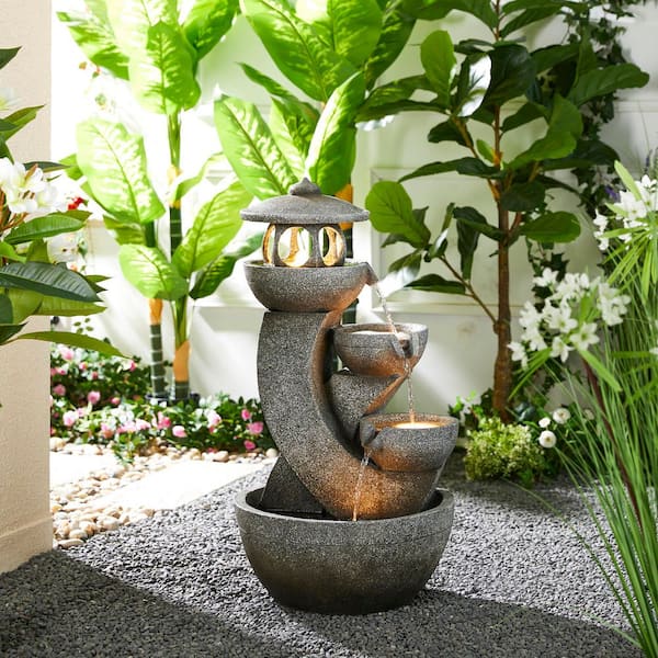 32 in. H Outdoor 4-Tiered Pagoda Polyresin Water Floor Fountain with Pump and LED Light