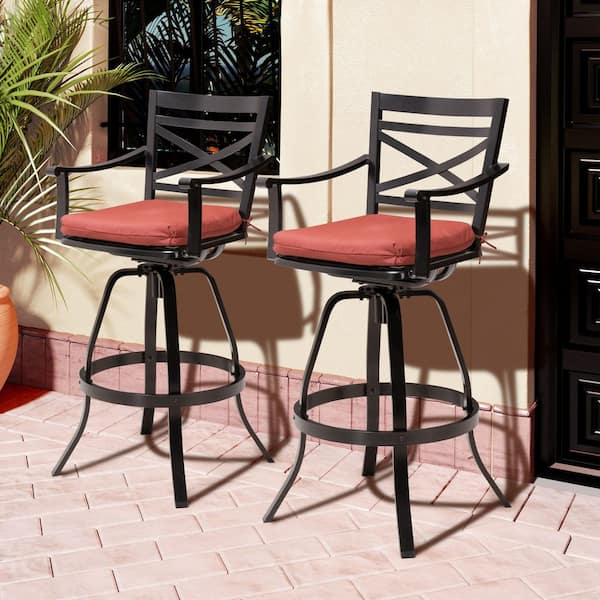 Swivel Cast Aluminum Outdoor Bar Stool with Sunbrella Red Cushion (2-Pack)