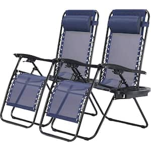 Set of 2 Blue Steel Outdoor Lounge Chair, Portable Beach Camping Chairs with Pillow and Cup Holder Trays