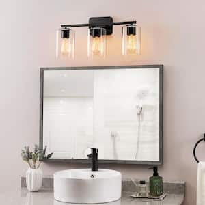 21 in. 3-Light Black Clemmon Vanity Light with Square Glass Shade