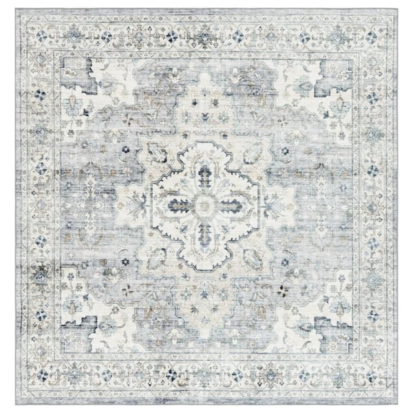 Arizona 4 ft. x 4 ft. Light Gray/Beige Machine Washable Distressed Border Ornate square Area Rug