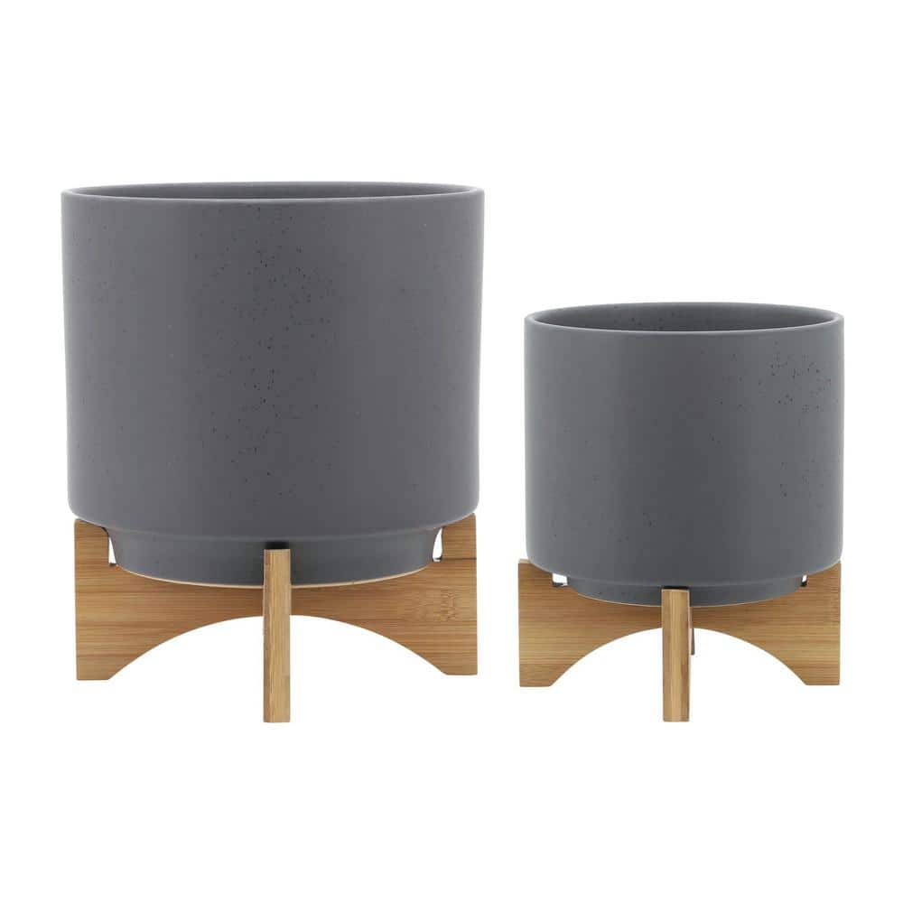 GRAY S/2 8/10 in. Planter Ceramic Wood Stand, Matte Gray-10.00 in. x 10.00 