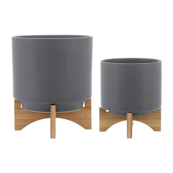 GRAY S/2 8/10 in. Planter Ceramic Wood Stand, Matte Gray-10.00 in. x 10.00 in. x 12.00 in
