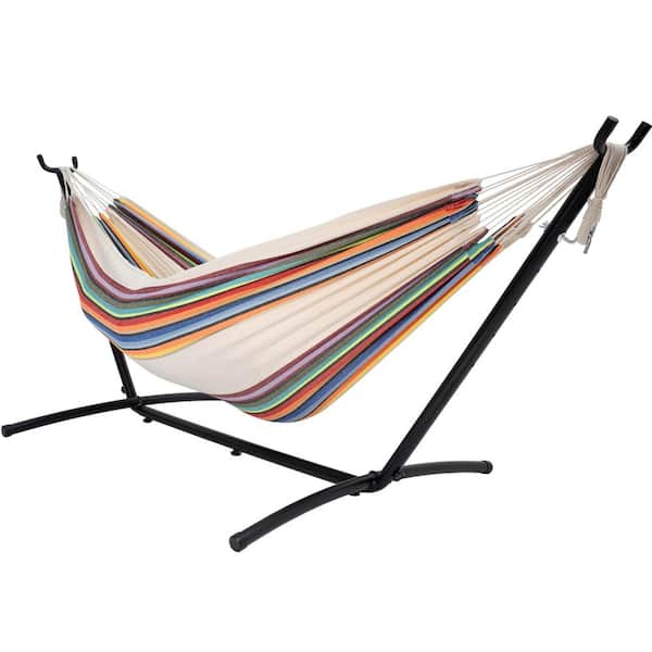 AURA OUTDOOR 9 ft. 2-Person Double Fabric Hammock with Free Standing Steel Stand Include Carrying Bag and Pillow, Rainbow Stripes