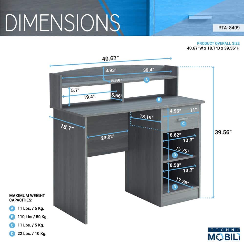 Modern Gray Heavy-duty MDF Office Desk with Hutch and Drawer