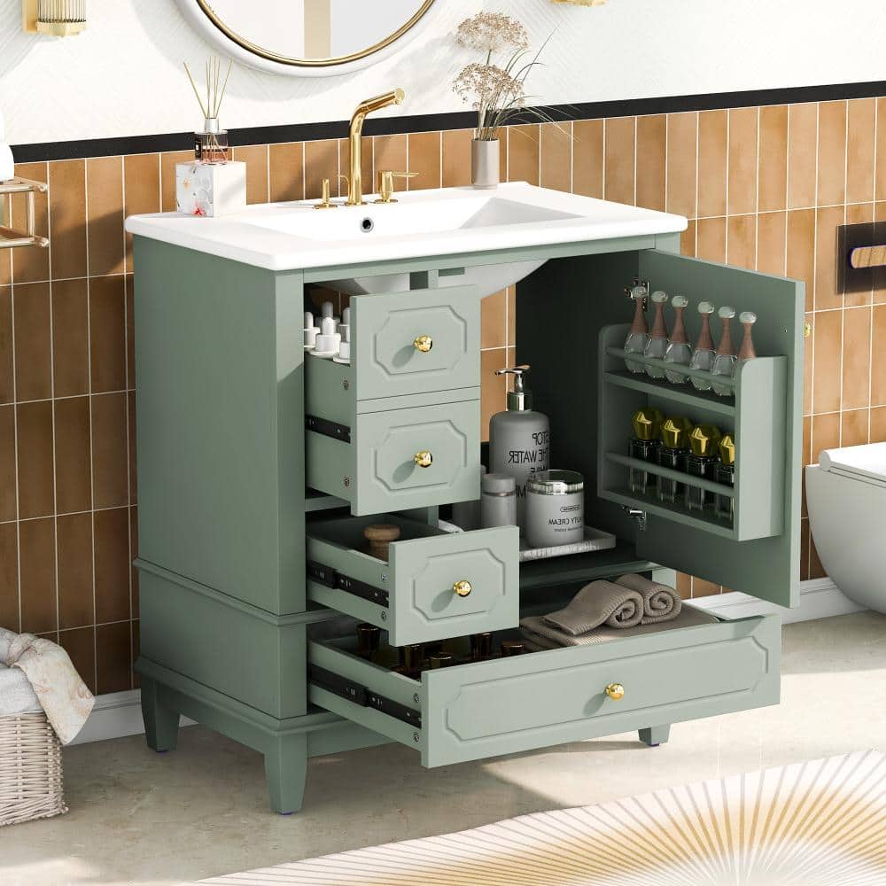 30 in. W Light Green Solid Wood and MDF Freestanding Bath Vanity with Ceramic Sink and 3 Drawers