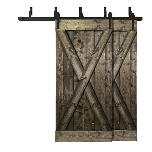 CALHOME 76 in. x 84 in. X Series Bypass Espresso Stained Solid Pine Wood Interior Double Sliding Barn Door with Hardware Kit