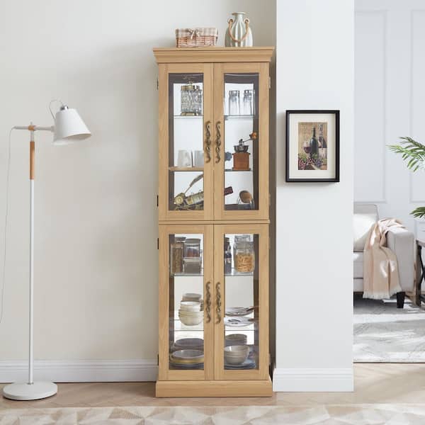 71 in. H Oak Glass Display Cabinet, Accent Storage Cabinet with LED Lighted Curio with Adjustable Shelves and Wood Frame