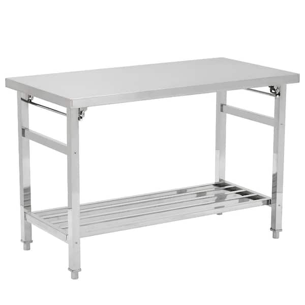Folding Stainless‑Steel Work Table,48×24 Inch,Adjustable Undershelf,Space‑Saving,for Kitchen,Restaurant,Garage,Catering