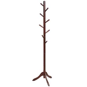 Brown Wooden Coat Rack Stand Entryway Hall Tree 2-Adjustable Height with 8-Hooks